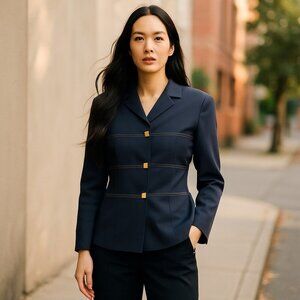 𝅺laura Madrigano Black Gold Vintage Button Down Long Sleeve Blazer Plus Size 14